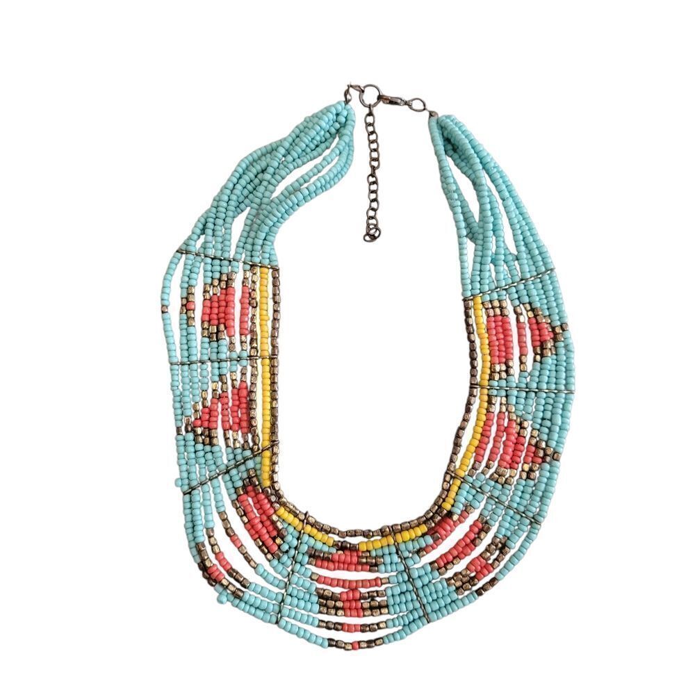 Blue and Red Multi-Strand Necklace with Adjustable Clasp